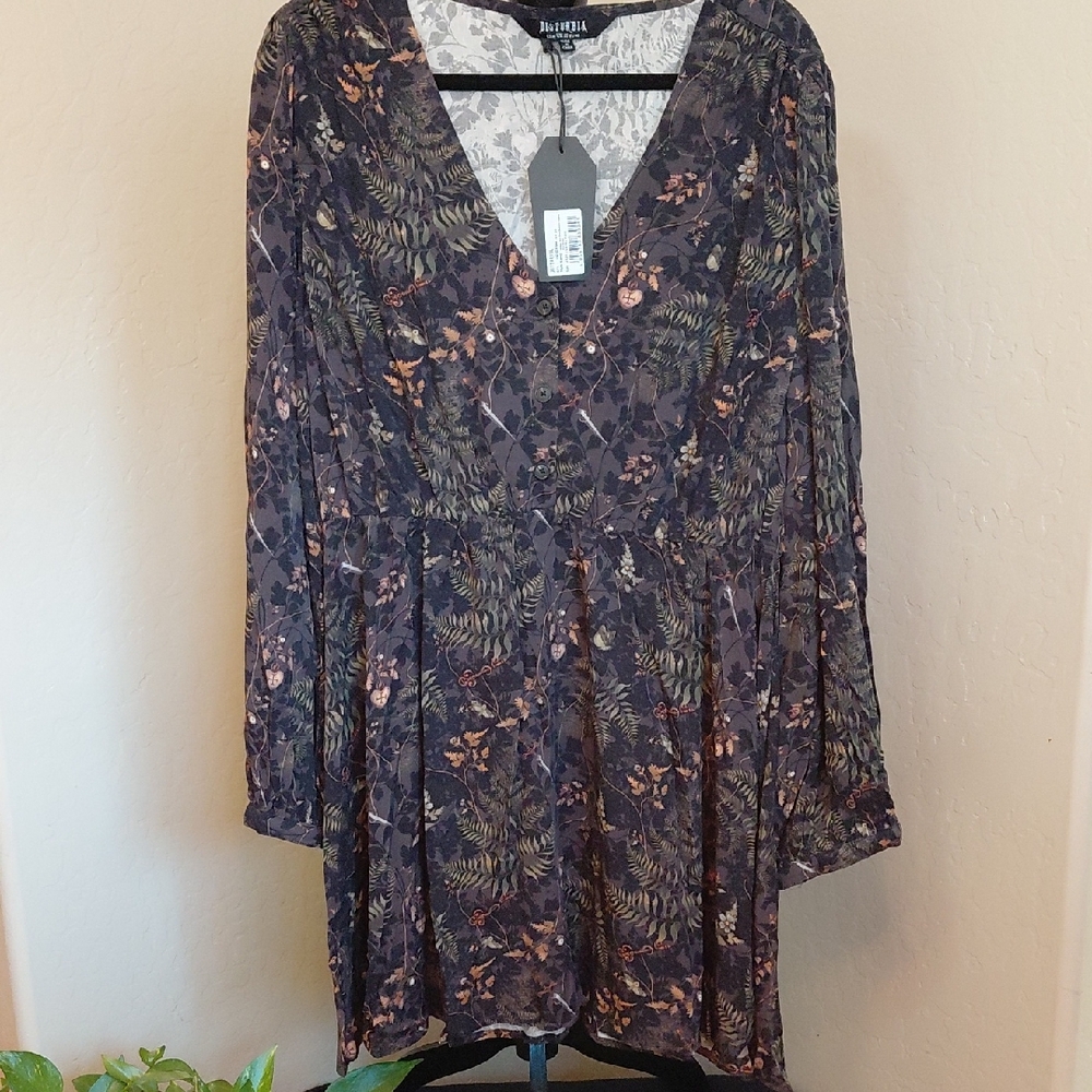 Disturbia Floral Mini Dress in Black and Olive with Pink Accents US 16 - NWT